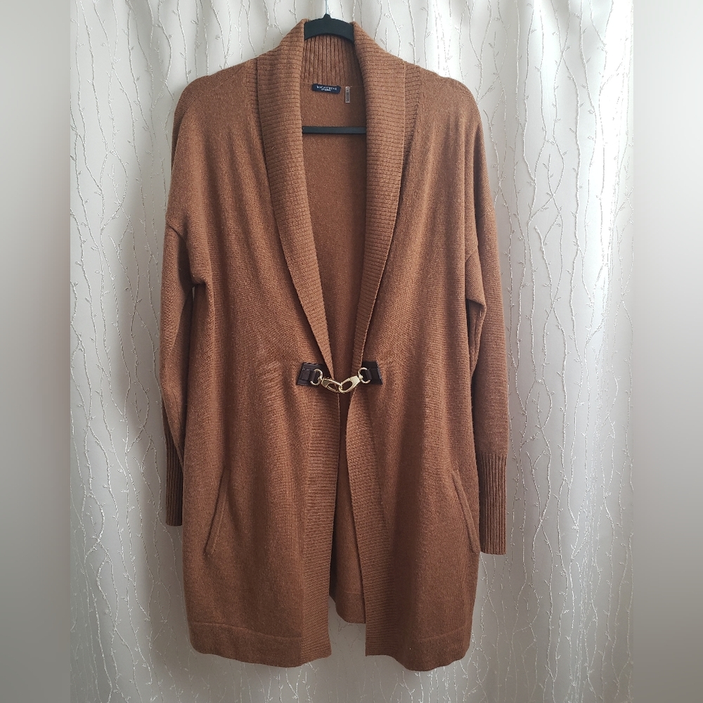 MAGASCHONI CASHMERE clasps closure mid length cardigan tan sz L